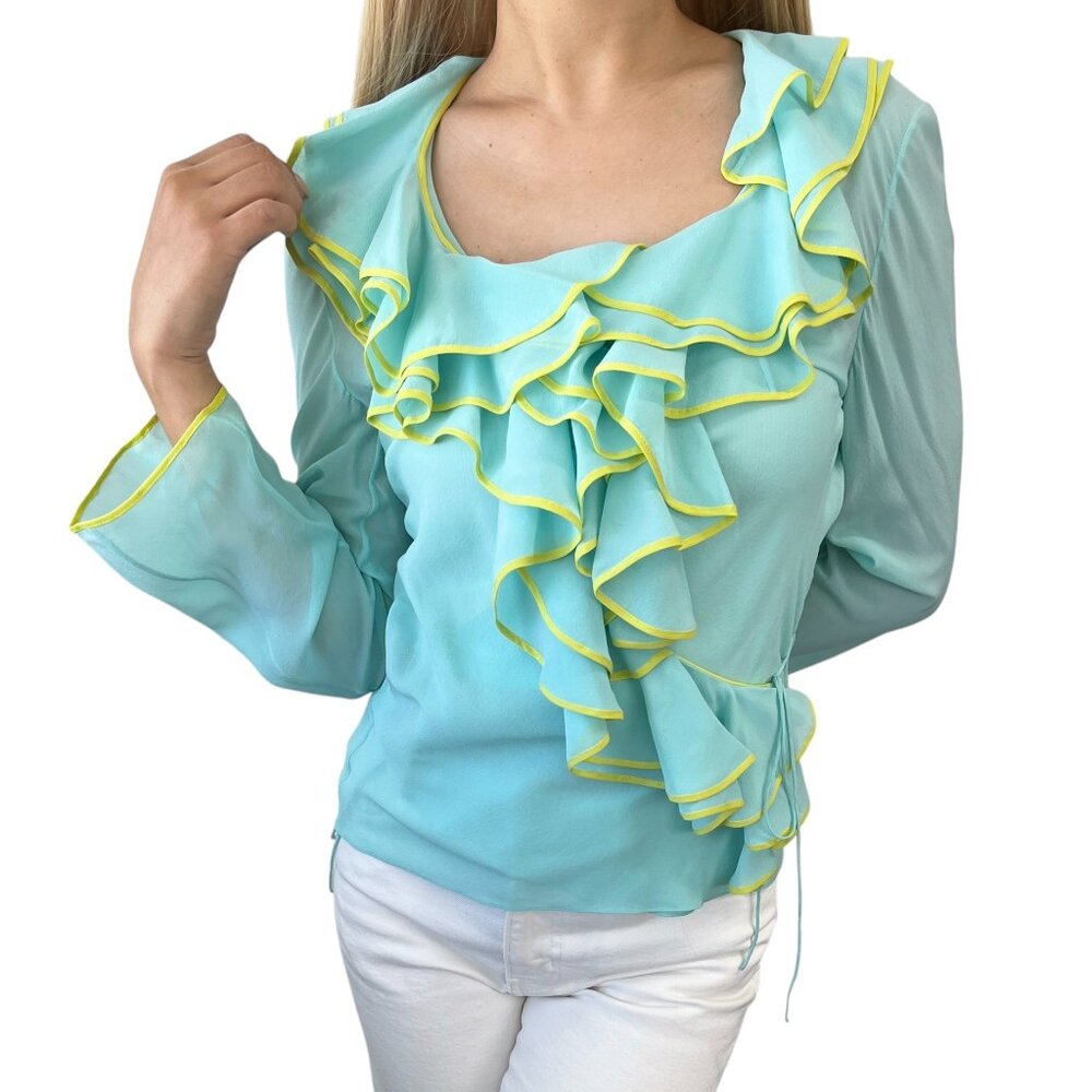 Christian Dior Vintage 2002 Frill Shirt #40 Top Button Light Blue [105321]